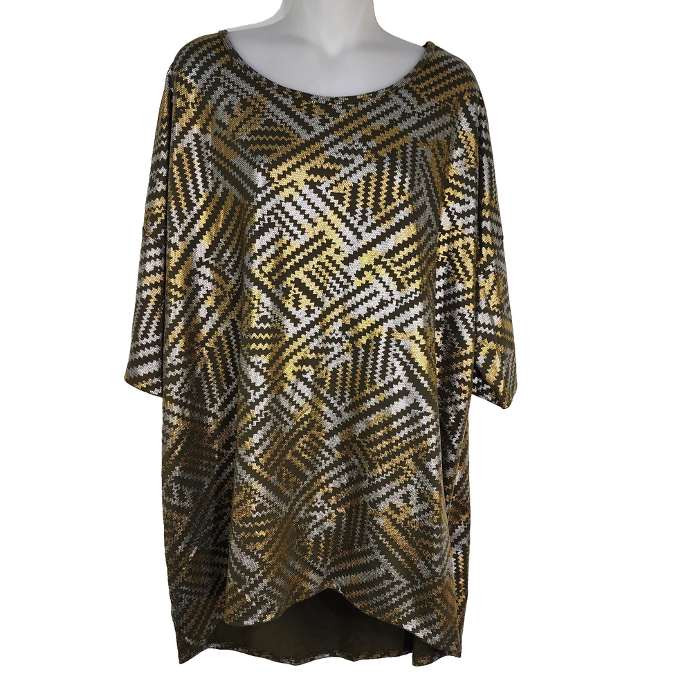 LuLaRoe Elegant Irma Tunic Top 2XL Geometric Short Sleeve Hi Low Holiday Party